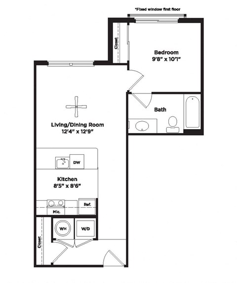 Floor plan for studio, 1 bath, 566 sqft